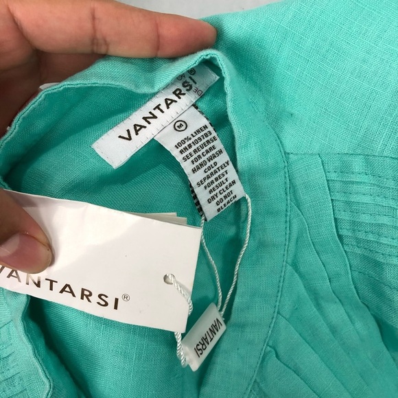 NWT Vantarsi Dress Pintuck Notch Neck Long Sleeve Linen Tunic Dress - Picture 2 of 5